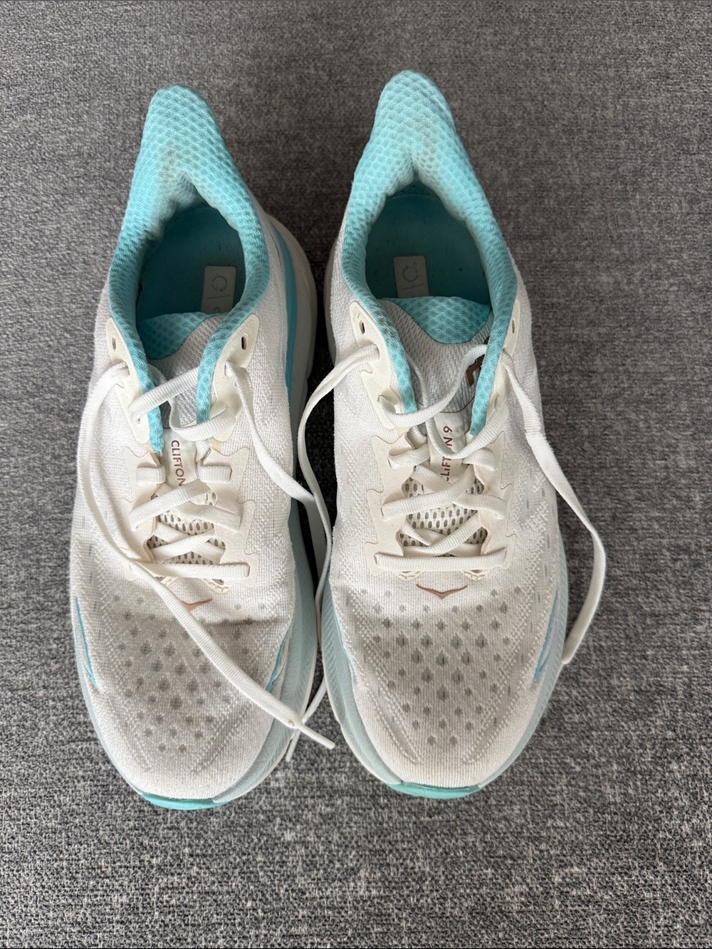 Hoka Clifton 9s Women's White Running Shoes with Light Blue Lining